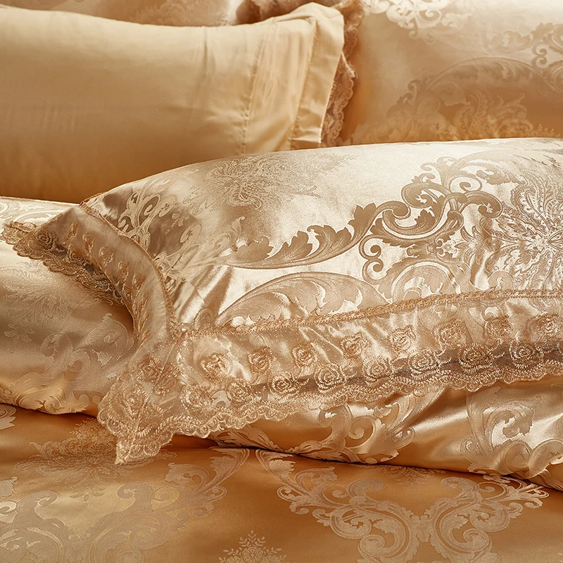 Роскошные свадебные сатин-жаккард постельные принадлежности Королева/золото king size 4 шт. кружева постельное белье наволочка Покрывало домашний текстиль