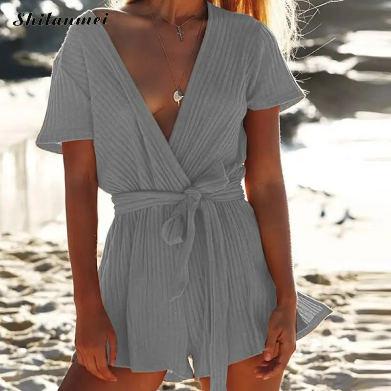 Women Romper Solid Yellow Short Sleeve Deep V Neck Loose Playsuit Drawstring Elegant Streetwear Sexy Casual Jumpsuit with Belt Jumpsuits and Playsuits