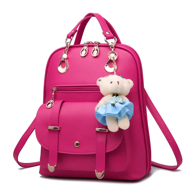 Модный женский кожаный рюкзак с подвеской в виде медведя из искусственной кожи, школьные сумки для молодых девушек, женский рюкзак, Дамский рюкзак - Цвет: Ярко-розовый