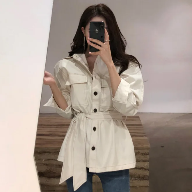 

Ubei New style temperament lapel single-button high waist tops belt casual tops web celebrity denim shirt outwear fashion