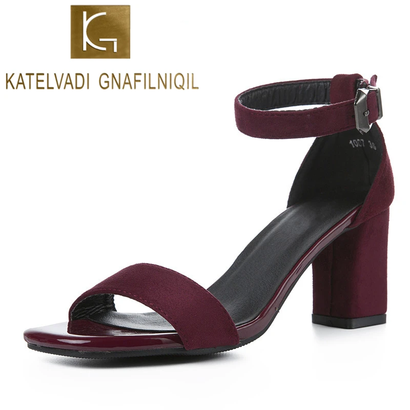 

KATELVADI Fashion Ankle Strap Women Sandals Open Toe Summer Wine Red Flock 7CM High Heel Shoes Buckle Ladies Sandalias K-411