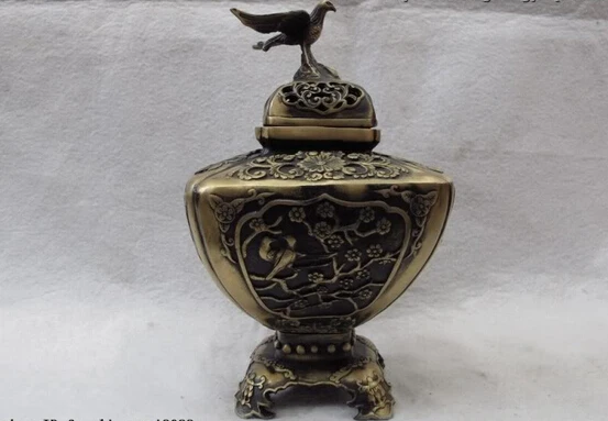 

Elegant old S0297 8 China Temple Folk Classic Bronze Copper Plum flower Bird Censer incense burner statue