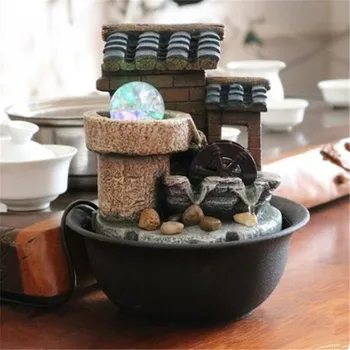 

Resin Rockery Water Fountains LED Light Ball Feng Shui wheel Home Office Tabletop Water Fountain Figurines Decor Opening Gift
