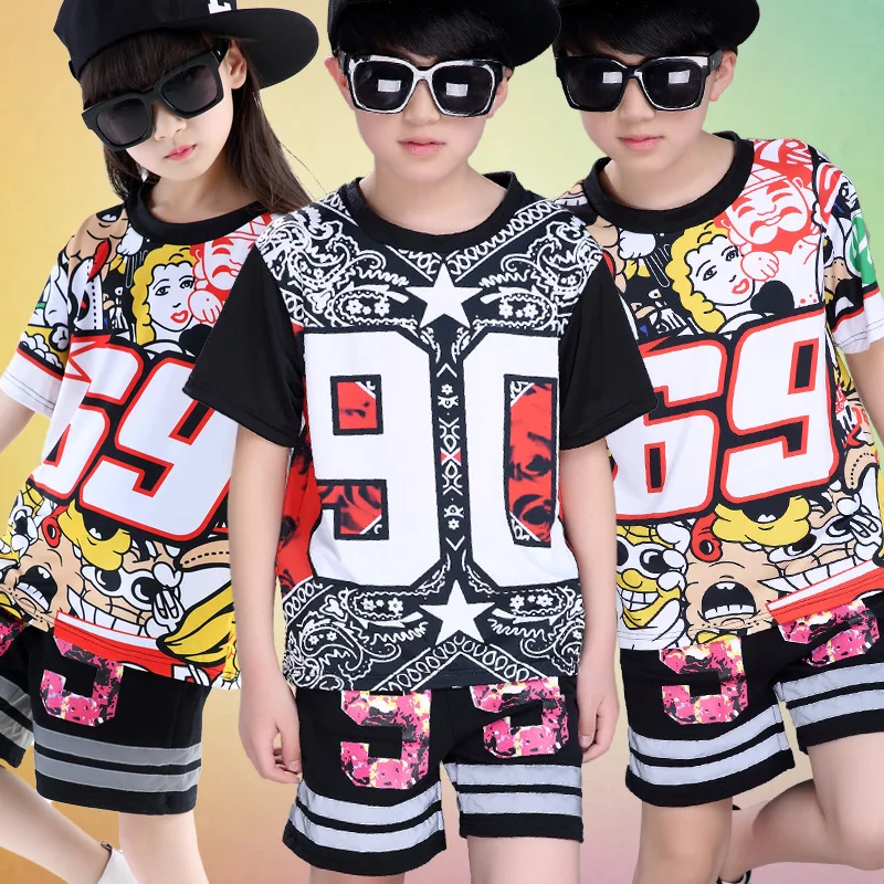 

Children's Hip Hop Dancers Short Sleeve T shirts Clothes Jazz Dance Performances Pants Shorts Girls Kids Boys Dancing Costumes
