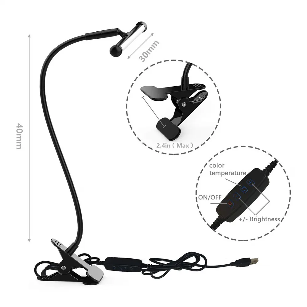  LED Clip on Light10 Brightness Levels Reading Light with Flexible NeckUSB Eye-Caring Light5W Black 