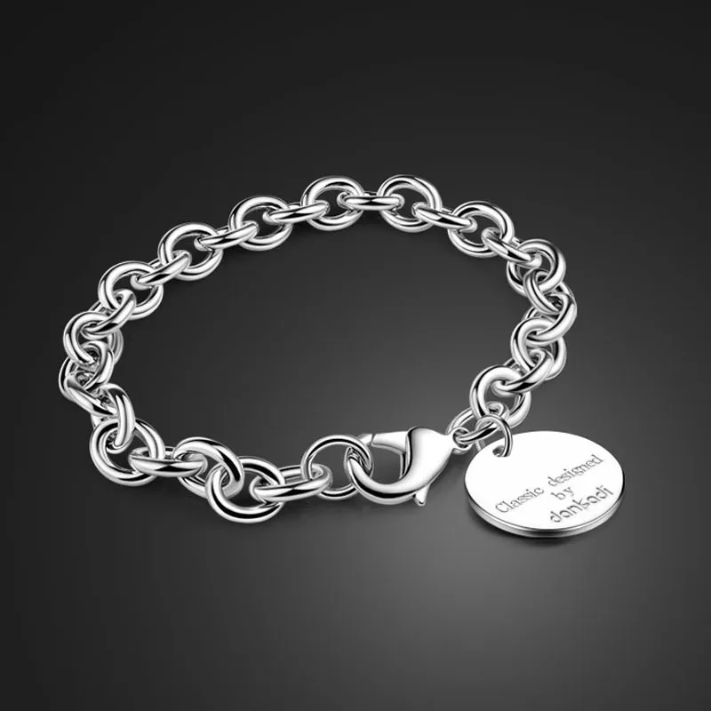 Модный женский серебряный браслет из стерлингового серебра 925 пробы, простой стильный круглый дизайнерский серебряный браслет с подвеской, Размер 20 см