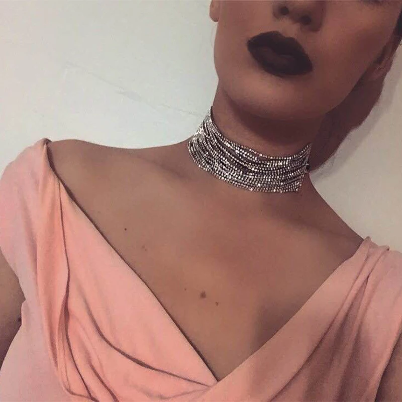 

European version of the personality beam neck tide choker necklace Jewelry simple Multilayer full Rhinestones collares