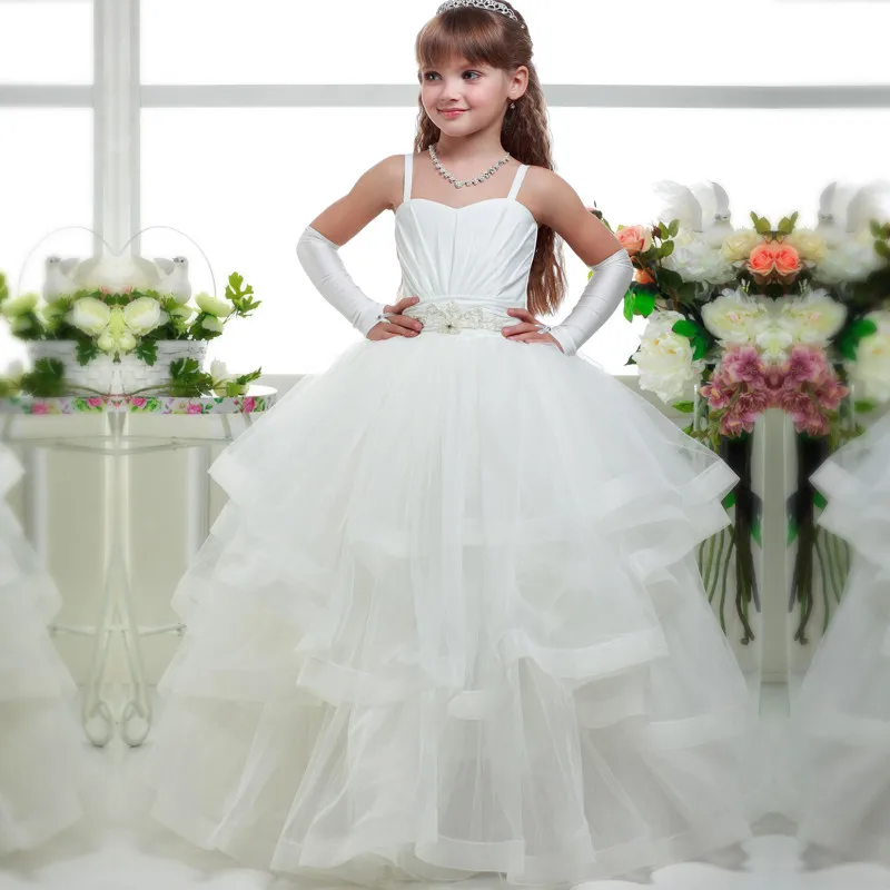 White Flower Girl Dresses Spaghetti Strap with Beaded Sash Ruffle Kid Ball Gowns Lace Up First Communion Gowns Vestidos