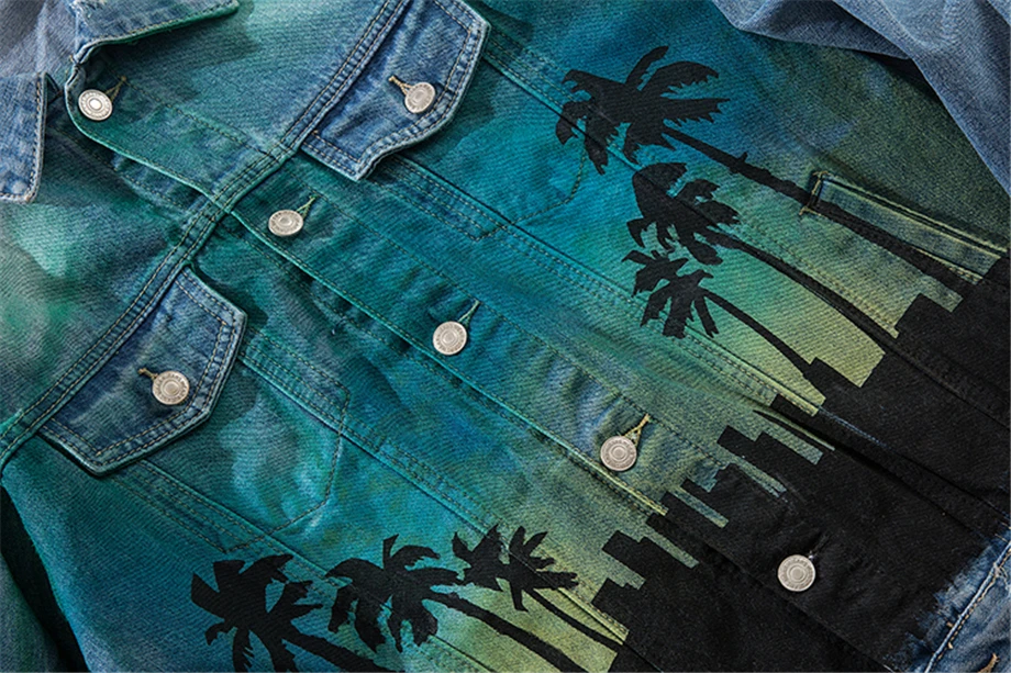 Винтаж Для мужчин джинсовые куртки равные джинсы куртки кокосовой пальмы печати Весна хип-хоп Уличная мужской пальто HW257