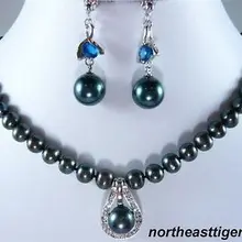 Элитные украшения чокер настоящий черный жемчуг синий кубический цирконий застежка подвеска ожерелье серьги набор серебро-ювелирные изделия