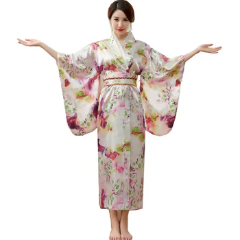 

Japanese Traditional Women Silk Rayon Kimono Vintage Yukata With Obi Performance Dance Dress Halloween Costume One Size HL06