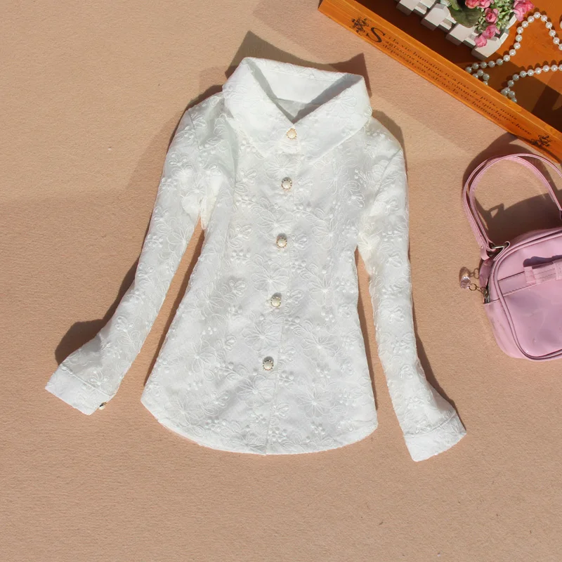 Коллекция года, осенняя одежда для маленьких девочек блузка для девочек детская одежда детская школьная рубашка высококачественные кружевные блузки с длинными рукавами От 2 до 16 лет - Цвет: Белый