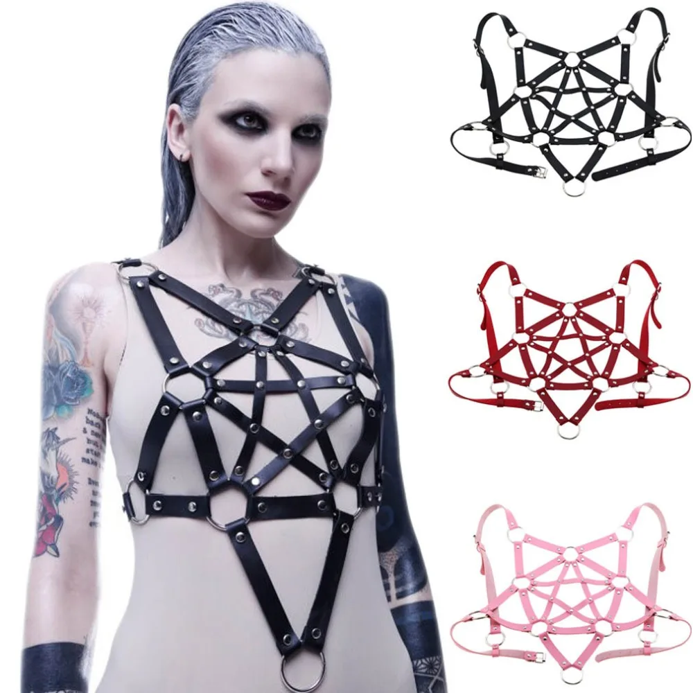 

Fashion Sexy Leather Harness Belt Punk Goth Bra Body Bondage Adjustable Chest Straps Black Suspenders Buckle Garter Body Jewelry