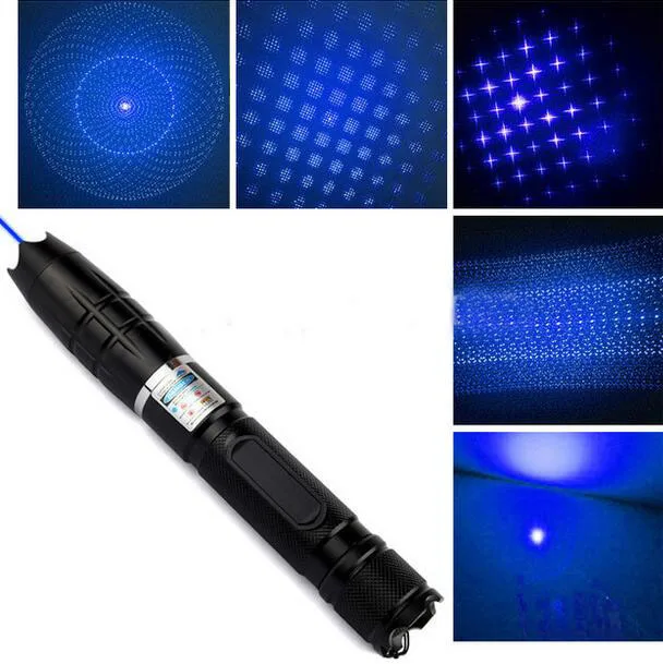 

Super Power 450nm 800000m Blue Laser Pointers focus Pattern Adapters match paper lazer Pen+5 star caps+charger+box