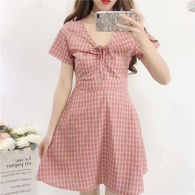 

Summer Korean Style Ins Harajuku Lacing Women's V-neck Slim Thin Short Sleeve Mini Dress College Wind Bow Plaid A-Line Dress