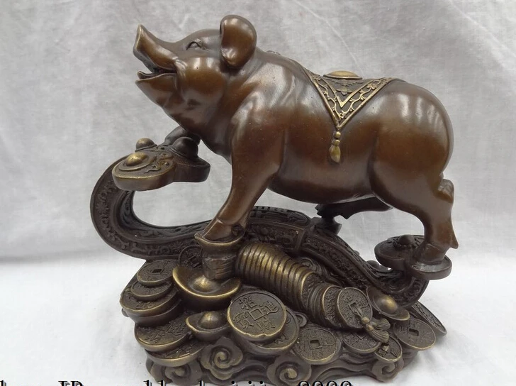 

JP S0608 10" Chinese Year Zodiac Bronze Fu Wealth YuanBao Coin Pig On Dragon RuYi Statue