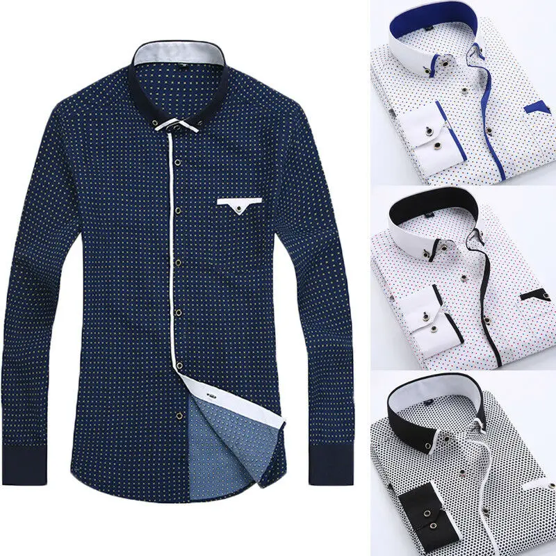 Мужская приталенная рубашка с длинными рукавами Повседневная хлопковая принтом