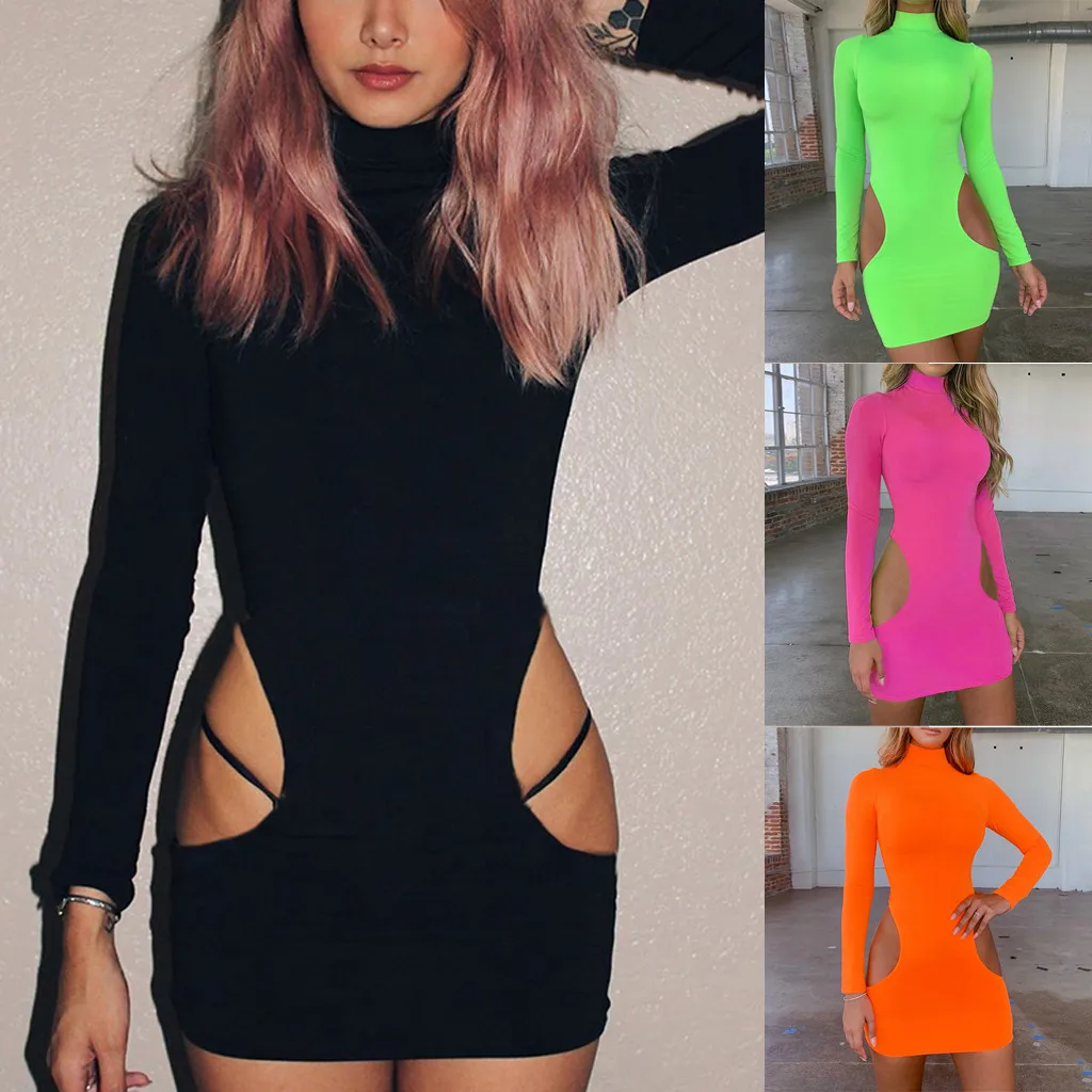 

Fashion Women Summer Dress Solid Turtle Neck Long Sleeve Hollow Out Bodycon Mini Casual Ladies Party Dress vestidos de verano