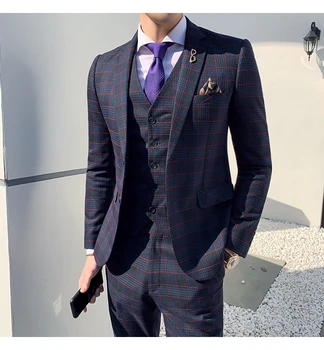 

2019 Mens Plaid Suits High Quality Elegant Formal Work Suit Wedding Suit For Man Ternos Masculino Slim Fit Costume Homme 3 PCS