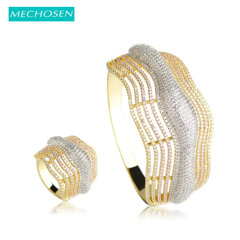 

MECHOSEN Sparkling Cubic Zirconia Wedding Jewelry Sets For Women Multilayer Gold Color Crystal Large Bracelet Bangle Ring Anillo