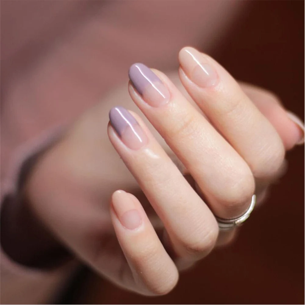 24pcs Set Purple Pink French False Nails Half Clear Round Head Girls Nail Decoration Artificial Fake Nails With Glue False Nails Aliexpress