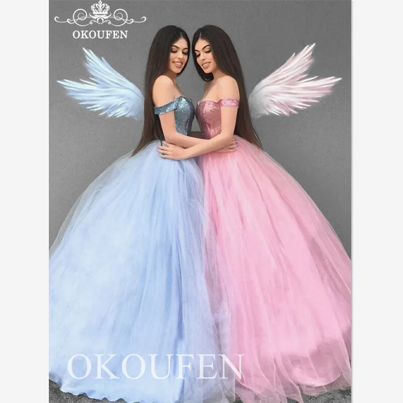 

2020 Off Shoulder Quinceanera Dresses Sequined Top and Tulle Skirt Long Puffy A Line Vestidos De 15 Anos Sweet 16 Prom Dress