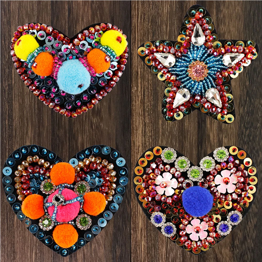 

4pc Handmade Heart Star Patches Rhinestone Beaded Motifs Sew on Sequin Crystal Craft for Clothing Bags Shoes Applique Badge