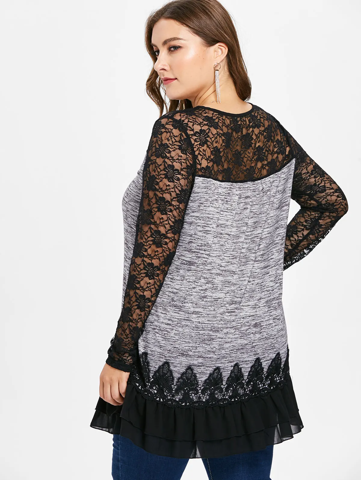 Wipalo Plus Size Sheer Lace Panel Layered Ruffled Marled Tunic T Shirt Casual O Neck Long Sleeve Flounce Tee Top Big 5XL|Футболки| |