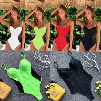 

2019 Sexy Women Girls One-Piece Bikini Swimsuit Beachwear Solid Swimwear Push Up Monokini Bathing Suit Bandage Biquini