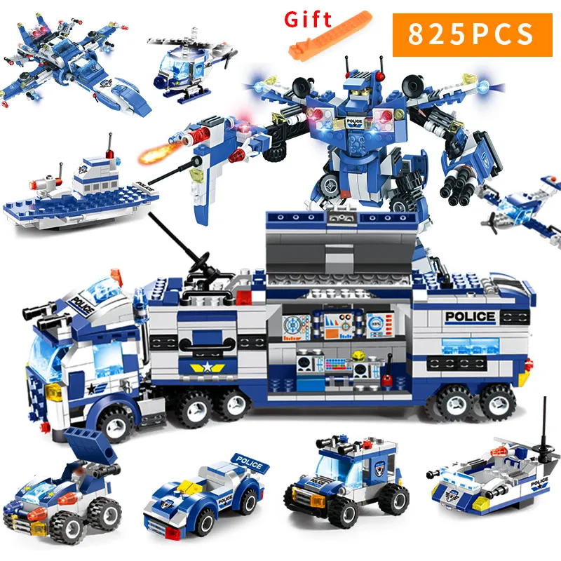 Baratos 725 piezas 825 piezas actualización 8 en 1 Robot avión coche ciudad Policía Serie SWAT Series bloques de construcción ladrillos militares juguete para los niños