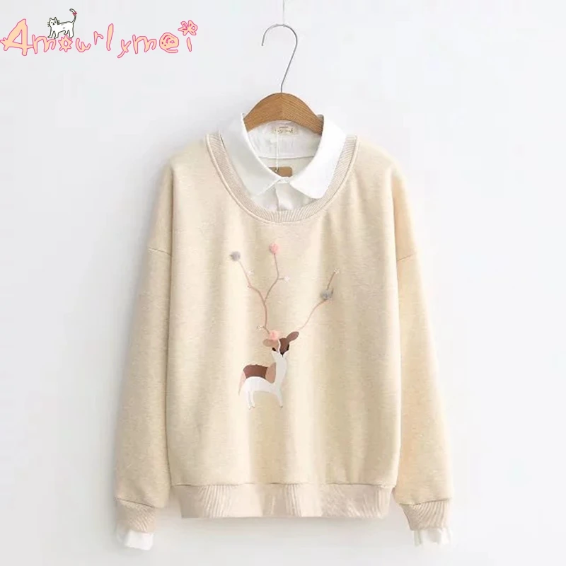 Теплый вельветовый пуловер с длинными рукавами и вышивкой оленя из мультфильма, имитация двух частей, свитер Mori Girl, стиль, Moletom Feminina