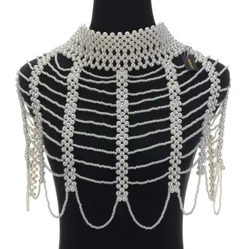 

New Handmade Bridal Women Imitation Pearls White Shoulder Necklace Choker Wedding Party Statement Necklaces Female Jewelry