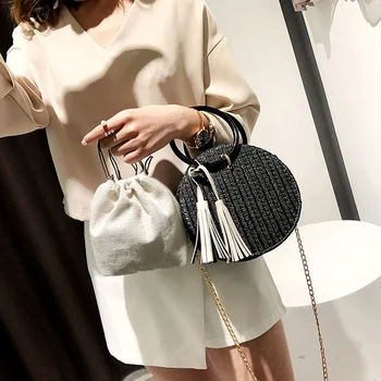 

AUAU-Women Handmade Round Beach Shoulder Bag Circle Straw Bags Summer Woven Rattan Handbags Women Messenger Bags(Black)