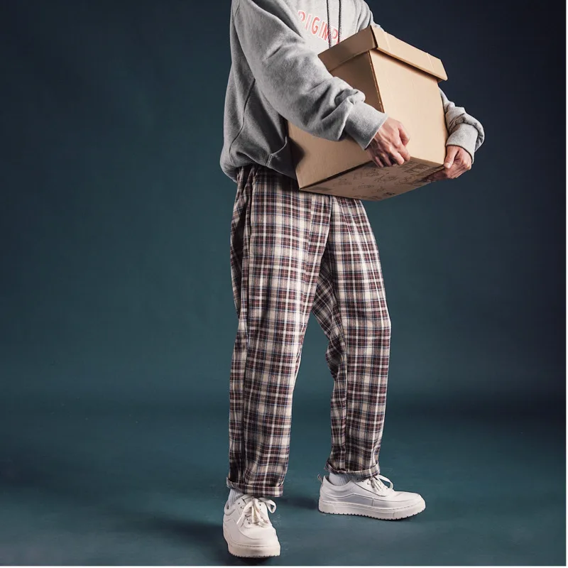 Fashion Casual Men's Straight Pants Spring And Autumn New M-2XL Plaid Loose Trousers Gray Coral Red Personality Youth Popular