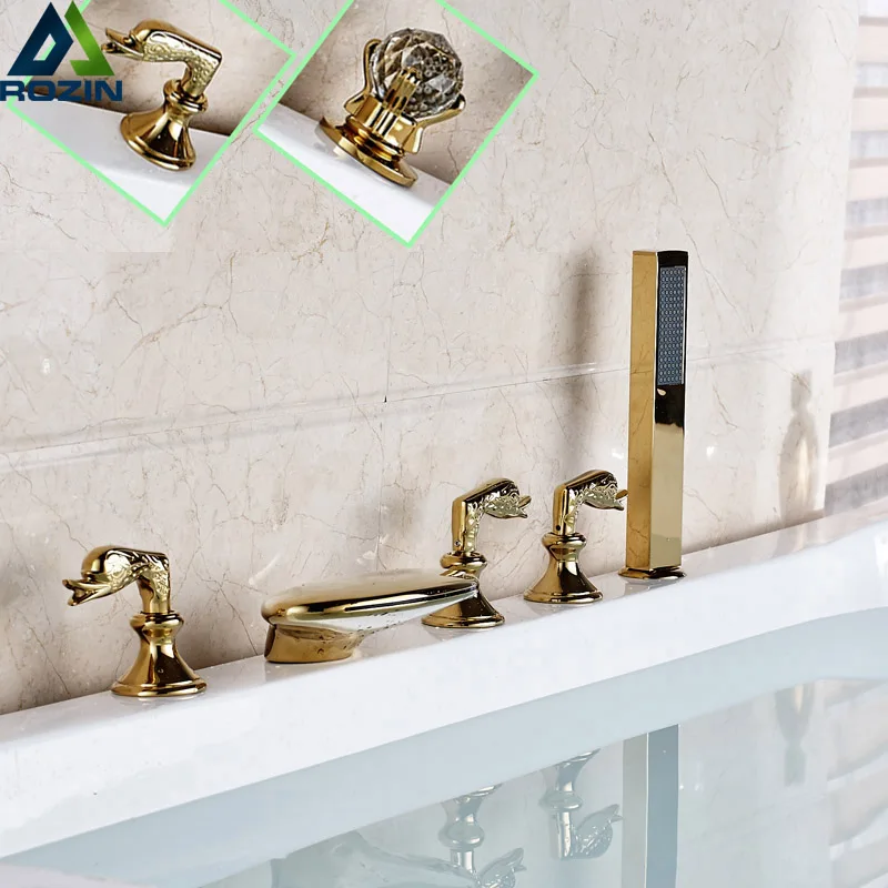

Widespread 5pcs Waterfall Curve Spout Tub Sink Faucet Bathtub Brass Golden Hot and Cold Mixer Taps