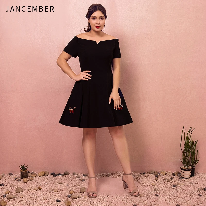 

JANCEMBER 2019 Latest Plus Size Simple Embroidery Flower Graduation Dresses Off the Shoulder Short Sleeve Zipper Back Prom Dress