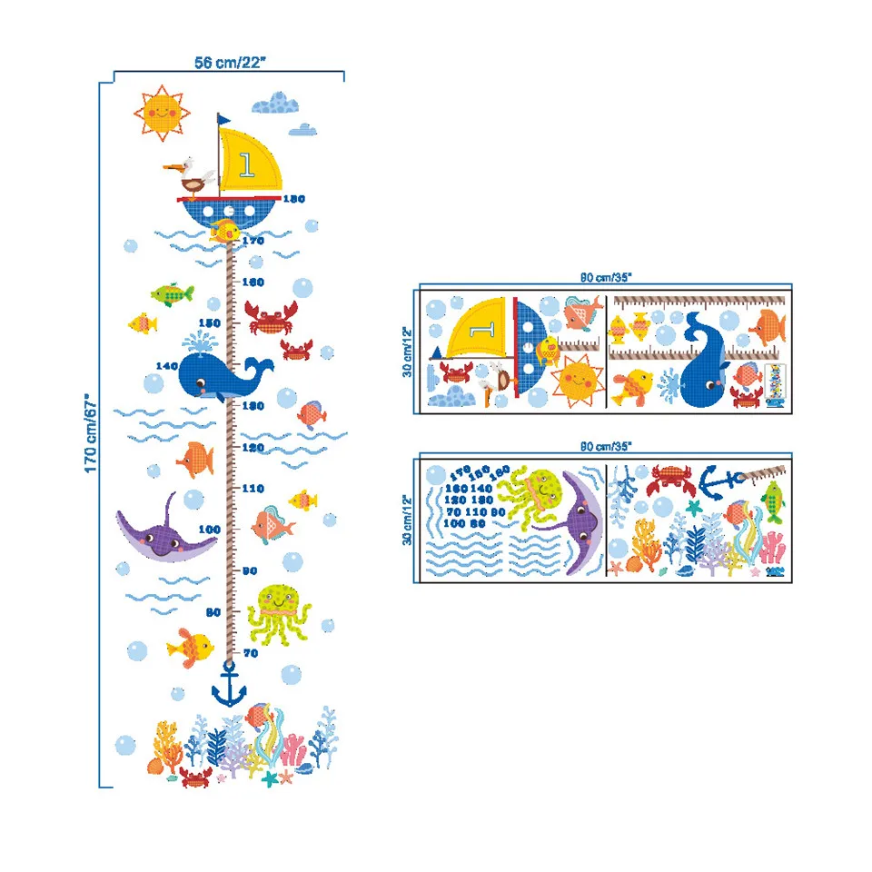 180 м наклейки на стену в океанском стиле с измерением высоты, мультяшная Акула, Кит, стедиометры, наклейка для детской комнаты, Декор, высота, детский подарок