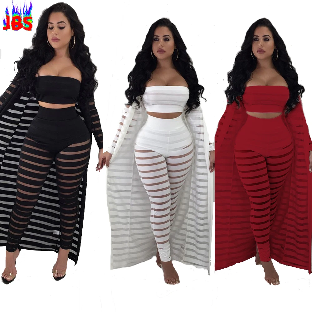women striped Three piece set Long coat + strapless + trouserst 2018 summer sexy Three pieces of fashio Striped Perspective S-XL Women's Sets