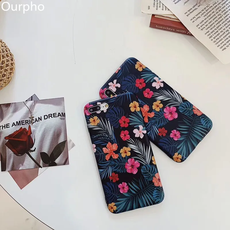 Ourpho INS wind tropical plant phone Чехол для iPhone 6 6s XS MAX IMD матовый черный боковой мягкий чехол 7 8