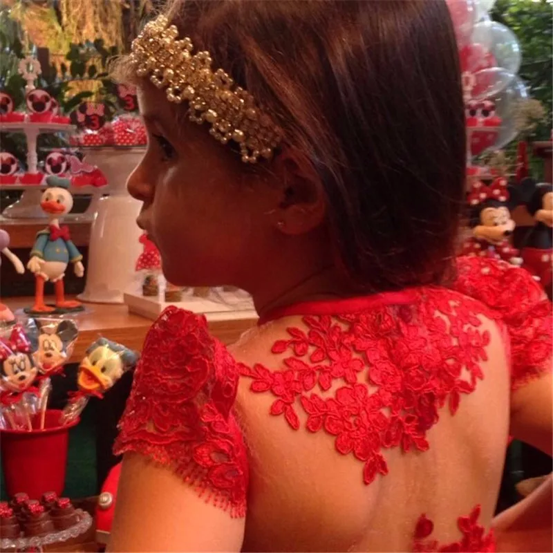 Арабский Принцесса Бальное платье Красный Кружева Цветок Девочки Платья Для Свадеб Дешевые 2017 Тюль На Заказ Первое Причастие Платье