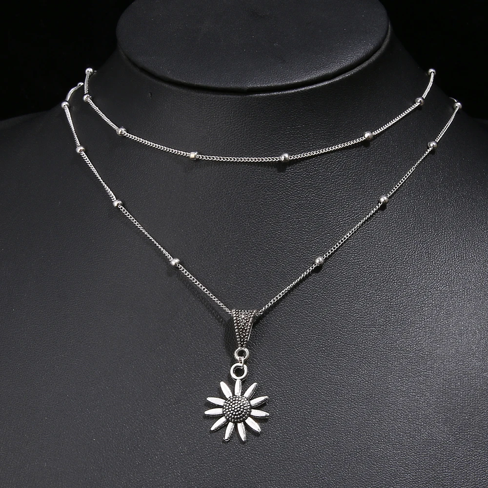 New Vintage Double Layered Sunflower Silver Chain Satellite Bead Choker Women Pendant Necklaces Simple Dainty Jewelry Gifts - Image 6