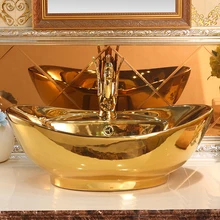 Lavabo de cerámica de estilo antiguo, Europeo, lavabo de baño con encimera superior, lavabo de mano ovalado dorado