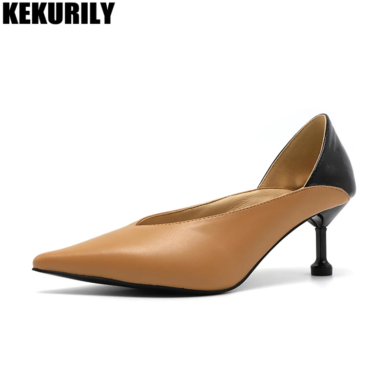 

High Heels Shoes Women Slip on Pumps leather Stiletto Pointed toe Shoes mixed color Slides Sandalias mujer black white brown
