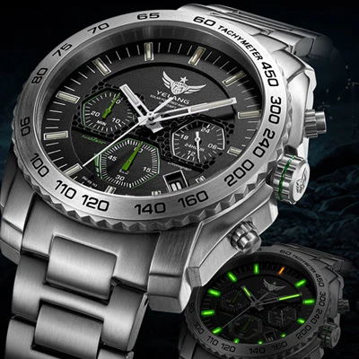Новое поступление YELANG V1210 Eco-Drive Move men t T100 Тритий светящийся стальной ремешок сапфировое зеркало мужские деловые часы наручные часы - Цвет: silver green