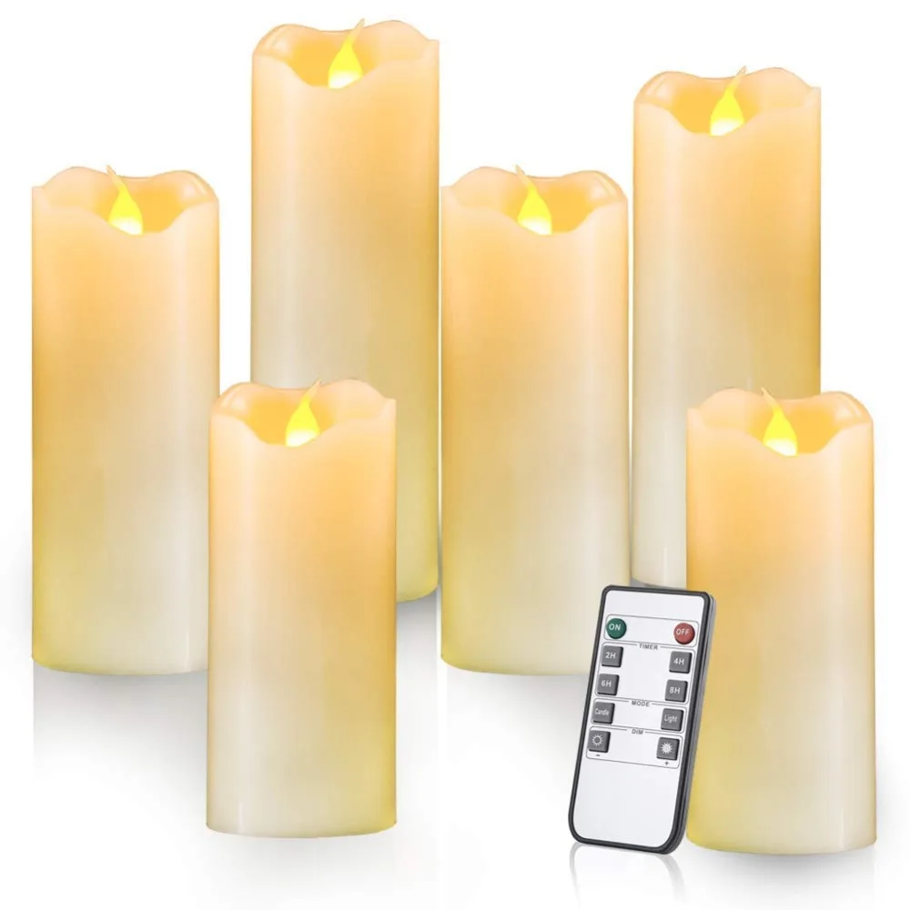 

Pack of 5 Flickering Yellow Remote Control LED Flameless Wax Candles,Timer Battery Paraffin Pillar Candles For Dinner Decoration