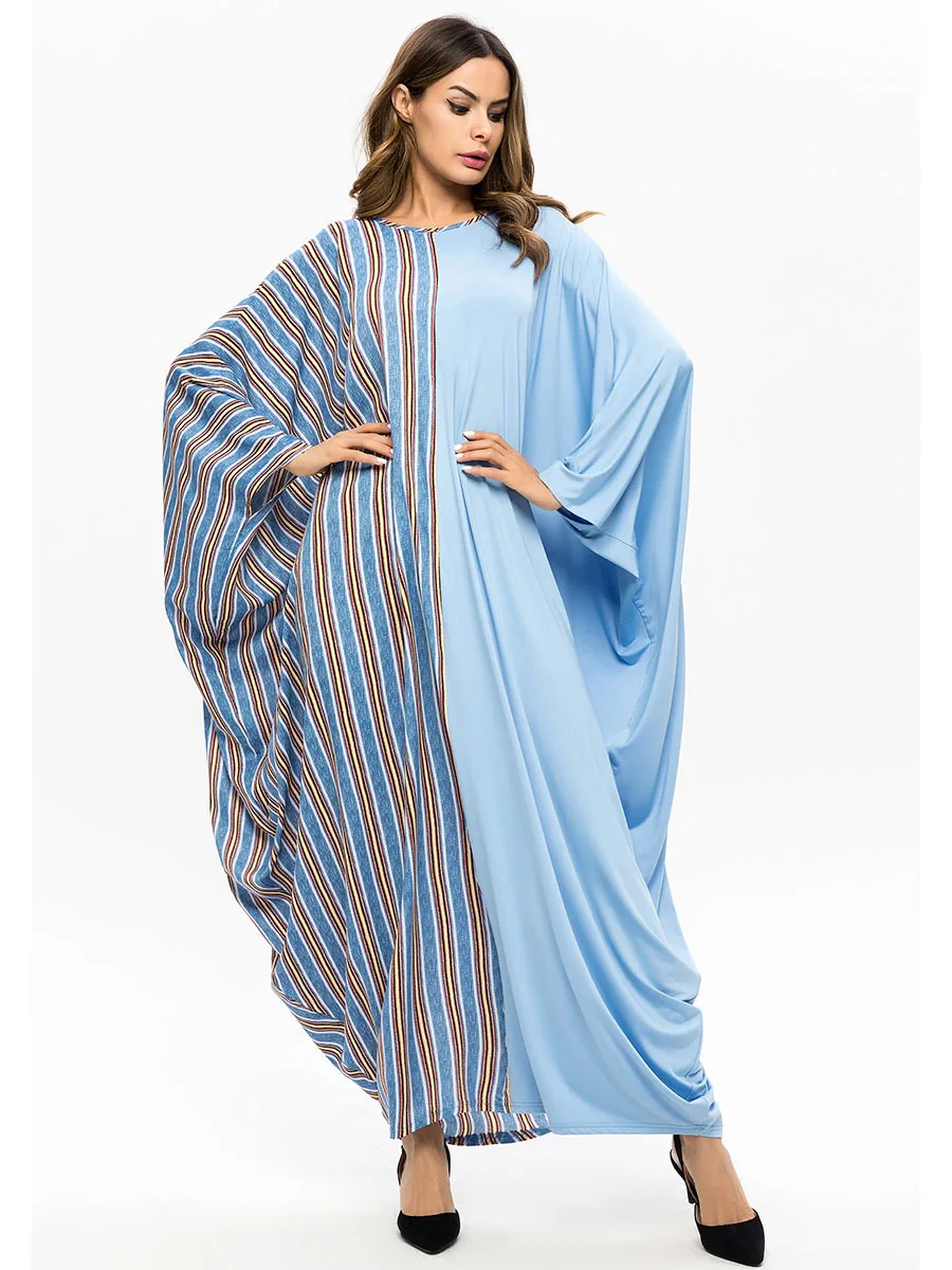 

Muslim Bat Sleeve Abaya Print Striped Maxi Dress UAE Kimono Long Robe Gowns Jubah Ramadan Middle East Islamic Prayer Clothing