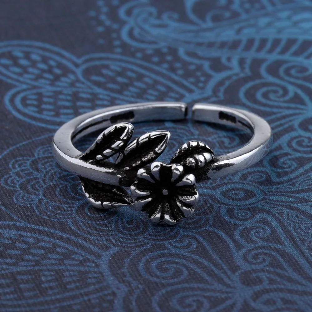 

Mythic Age Real 925 Sterling Silver Vintage Bohemian Flower Leaves Resizable Ring Jewelry Gift for Woman Girl