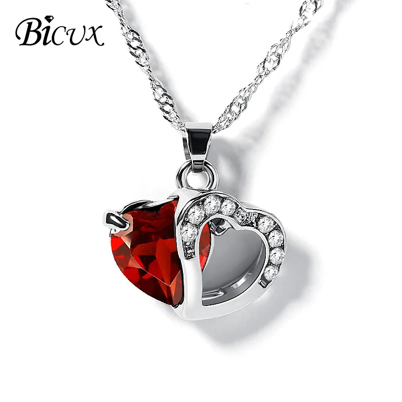 

BICUX Heart Crystal Pendant Silver Chain Necklaces for Women Fashion Cubic Zirconia Link Chain Necklace Valentine's Day Jewelry