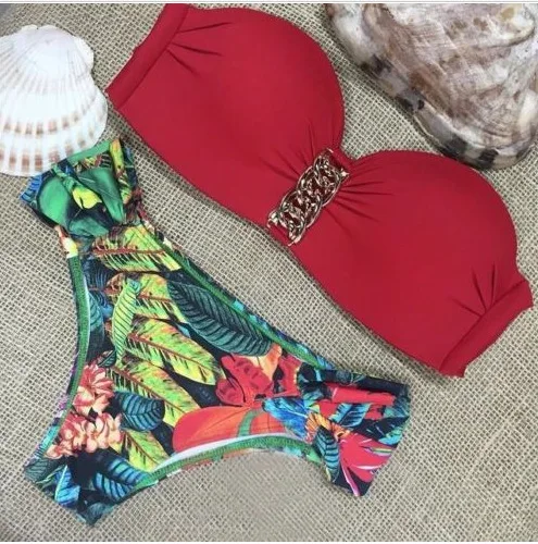 

Striped iron ring Forest Print Red Bikini Set Sexy Women Swimwear Swimsuit Bathing Suit Brazilian Maillot De Bain Plavky Biquini