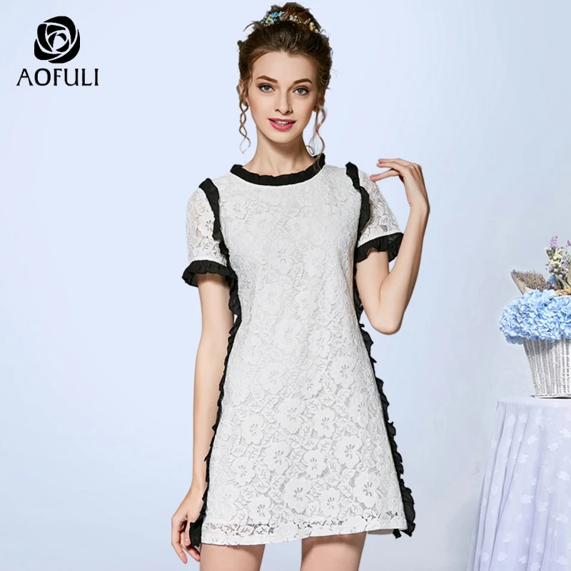 

AOFULI S- 5XL Vintage Ladies Ruffles Lace Dress Big Size Black White Patchwork Short Sleeve Knee-Length Straight Sundress A3531